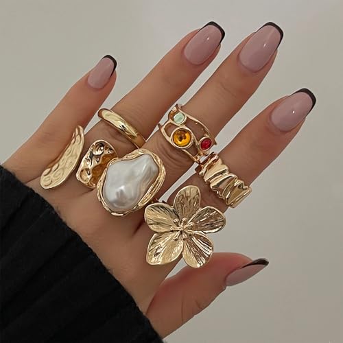 Chunky Gold Rings for Women Non Tarnish Statement Flower Ring Baroque Pearl Stackable Rings Set 6Pcs Chunky Jewelry2