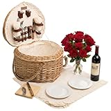 PICNIC TIME Heart Picnic Basket for 2, Wicker Basket with Handle, Complete Deluxe Service for Two, Handwoven and Sturdy Willow Constructed with Fully-lined interior and Accessories, (Antique White)