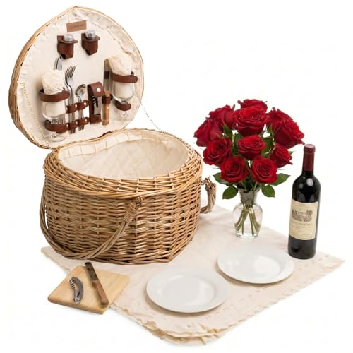 PICNIC TIME Heart Picnic Basket for 2, Wicker Basket with Handle, Complete Deluxe Service for Two, Handwoven and Sturdy Willow Constructed with Fully-lined interior and Accessories, (Antique White)