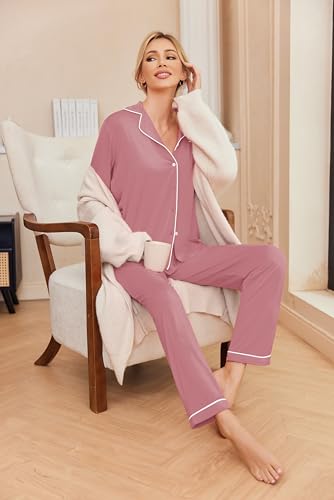 Image of Ekouaer Pajamas Women's Long Sleeve Sleepwear Soft Button Down Loungewear Pjs Lounge Set Nightwear XS-XXL