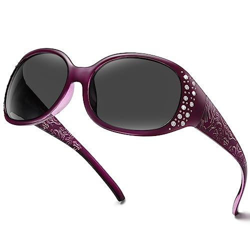 HAOLOTA Polarized Sunglasses for Women, Rhinestone Wrap Around Sunglasses with UV400 Protection A08 Transparent Purple Frame Grey Lens