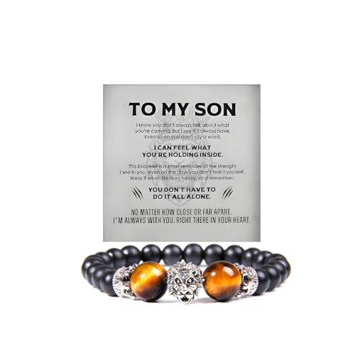 The Guardian - Son's Tiger Eye Protection Bracelet From Mom And Dad, Adjustable natural stone Bead Stainless Lion's head Crown Bracelets fashion Christmas Birthday Gift Jewelry