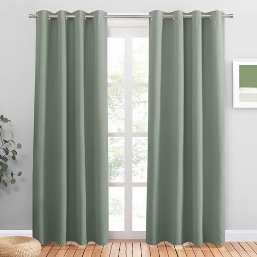 Pony Dance Rideaux Salon Occultants - Sauge Vert Paire de Rideaux à Oeillets Isolation Thermique/Draperies Opaque Uni Tombé Lourd pour Chambre à Coucher...