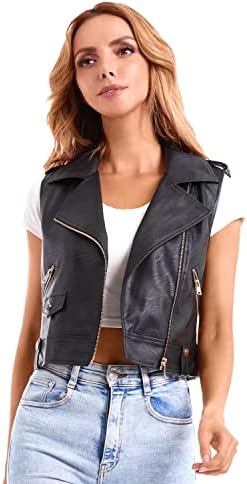 DIASHINY Black Faux Leather Vest For Women Lapel Sleeveless Moto Slim Fit PU Motorcycle Waistcoat 046 M