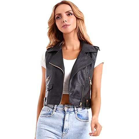 DIASHINY Kurze Kunstlederweste für Damen Slim Revers Ärmellos Biker Slim Fit PU Ärmellose Lederjacke Motorradweste 046 S Cover