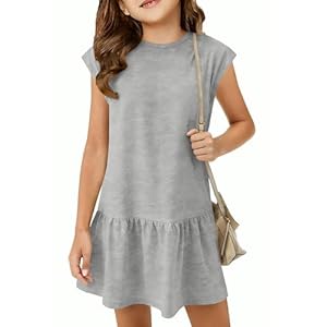 ZDC Girls Cap Sleeve Spring Summer Dress Kid Casual Ruffle Beach Midi Crewneck Loose Dresses 5-14 Years