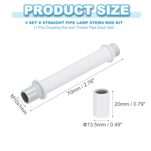 Image of PATIKIL Straight Pipe Lamp Stems Rod Kit, 4Set M10 Carbon Steel 70mm(2.76 inch) Long Double End Thread Rod with Coupling Nuts Sleeve Connector for Table Lamps Chandeliers, White