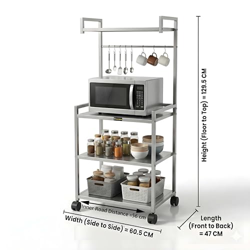 Image of Premium 4 Tier Heavy Duty Microwave Rack with Wheels | Metal Kitchen Organizer Stand for Oven, Air Fryer & OTG (MS 4 Silver)