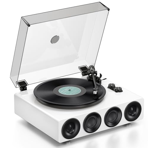 1 by ONE Plattenspieler mit integrierten Lautsprechern, Phono Vorverstärker, Riemenantrieb, 33/45 RPM, MM-Tonabnehmer, Bluetooth Eingang