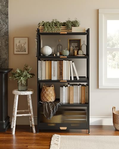 NETEL Rostfreies 5-stufiges Küchenregale Stehend, Küchenschrank mit Rollen und Füße, Mikrowellenschrank, Bäckerregal, Standregal, Lagerregal für Küche Wohnzimmer mit Sichtbare Türen, Vintage, Schwarz