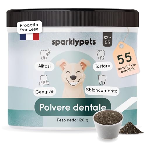 SparklyPets - Polvere Dentale per Cani - Detergente Anti Tartaro e Placca, Sbiancamento Denti, Alito Cattivo, Gengive - Eucalipto, Prebiotici - Marchio Francese - 120 g (55 cucchiai)
