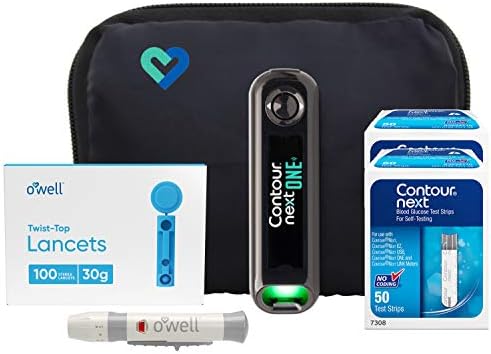 Contour NEXT ONE Blood Glucose Kit | Contour NEXT ONE Meter, 100 Contour NEXT Blood Glucose Test Strips, 100 O’WELL Lancets, O’WELL Lancing Device, LogBook, User Manual & Carry Case