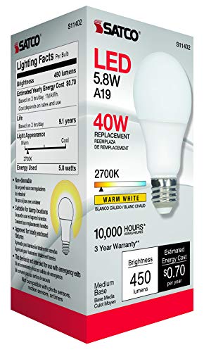 Satco 11402 5.8W LED A19 Light Bulb, 40W Replacement, 2700K Warm White, 450 Lumens - Thumbnail 2