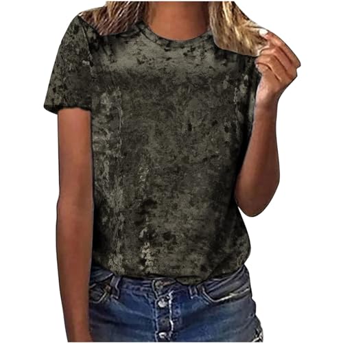 Velvet T Shirts for Women Short Sleeve Round Neck Velour Tops Dressy Holiday Party Club Comfy Casual Blouses Army Green