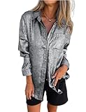 Gihuo Women's Metallic Button Down Shirts Long Sleeve Sparkly Blouse Shiny Glitter Party Tops Sexy Disco Outfits(Silver-S)