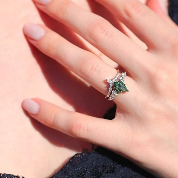Moss Agate Gemstone Women's Irregular Zirconia and Diamonds 2-Piece Ring Set 925 Sterling Silver Ring for Women Kite Cut Women's Ring Set for Engagement Silver Jewelry( 7Rose Gold) - Image 2