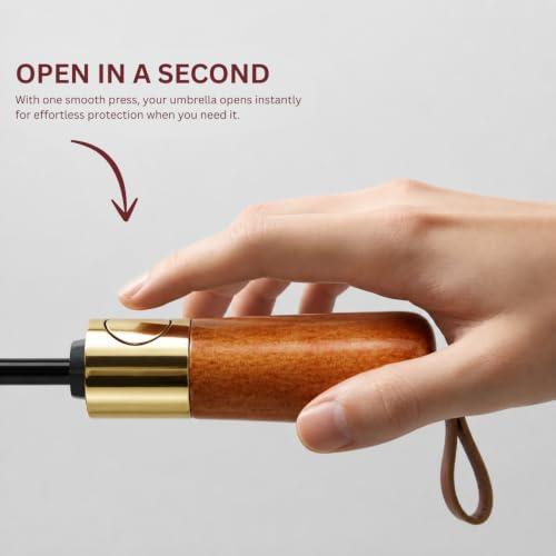 Image of STAR WORK Small Wooden Handle Compact UV Protection Umbrella, Automatic Open Hook Handle Stick Golf Umbrellas for Rain, Sun & Wind Protection.