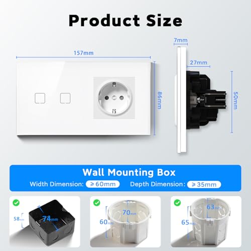 BSEEDLIFE Enchufe con Interruptor Inteligente WiFi Empotrado,Smart Interruptor con Enchufe Táctil Pared,2 Gang 1 Vía 86 * 86 mm,Compatible con Alexa y Google Home (Aplicación Tuya/Smart Life),Blanco - imagen 2