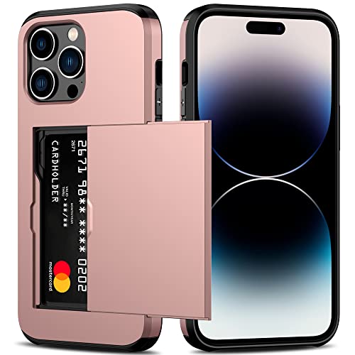 Nvollnoe for iPhone 14 Pro Max Case with Card Holder Heavy Duty Protective Dual Layer Shockproof Hidden Card Slot Slim Wallet Cover for iPhone 14 Pro Max for Women&Men(Rose Gold)