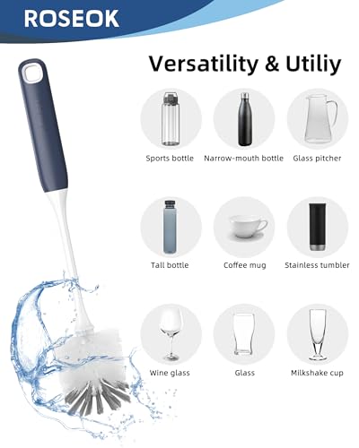 Image of ROSEOK Bottle Brush, Water Bottle Brush, Flexible Bottle Brush, Cup Cleaner | For Cleaning Glass, Sports Bottle, Coffee Mug, Cup Cleaner, Navy Blue, 2 Pack
