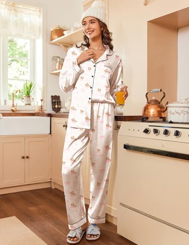 Image of Ekouaer Womens Satin Pajama Set Classic Pattern Silky Pj Sets Button Down Sleepwear Loungewear