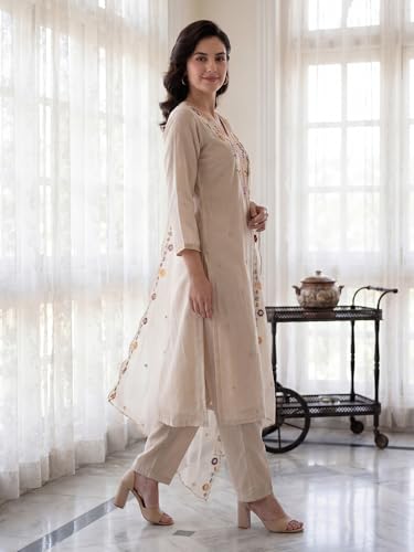 Image of INDO ERA Women's Cotton Blend Solid Straight Kurta Palazzo With Dupatta Set