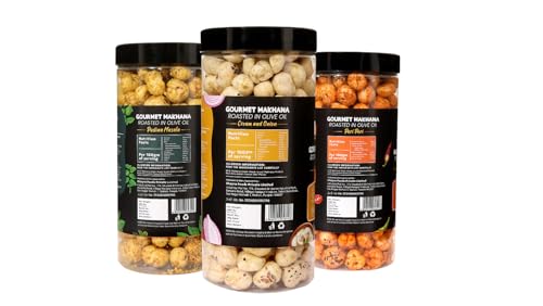 Image of H O M House Of Makhana 195g Pudina, Cream and Onion And Peri Peri Gourmet Makhana Jar Roasted in Olive Oil, Flavored Makhana Pack of 3 (65gX3)
