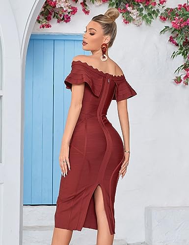 Image of Off Shoulder Bandage Dresses for Women Wedding Guest Party Midi Formal Gowns Evening Dress