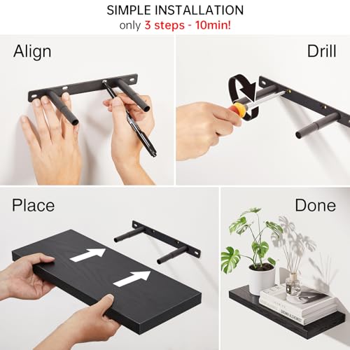 BAYKA Floating Shelves for Wall, Wall Mounted Rustic Wood Shelves for Bathroom, Bedroom, Living Room, Kitchen, Hanging Shelf for Books/Storage/Room Decor with 22lbs Capacity (Black, Set of 3, 15.7in) - Image 6