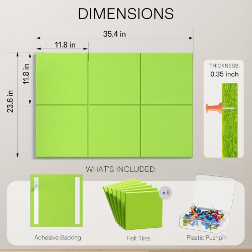 Image of MaxGear Large Cork Board for Wall 36 inch x 24 inch, Fruit Green Bulletin Board, 6 Pack Felt Wall Tiles with Pushpins, Cork Boards for Office Pin Board Tack Board Cork Boards