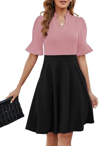 Image of Mokayee Womens Summer V Neck Ruffle Short Sleeve Fit and Flare Knee Length Church Wedding Guest Dresses with Pockets