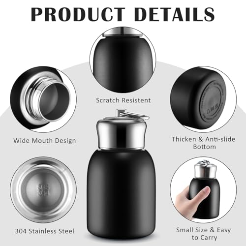 Image of Mini Stainless Steel Vacuum Insulated Water Bottle, 300ml, Black, Leakproof, Hot and Cold, with Keyring Cap (Black)