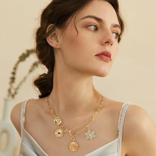 Glod Plated Boho Paperclip Chain Charm Necklace for Women Handmade Evil Eye Sun Moon Star Flower Coin Safety Pin Necklace Celestial Jewelry2