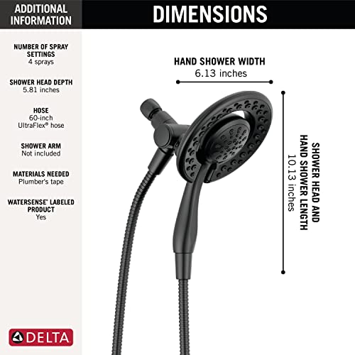Delta Faucet 4-Spray In2ition 2-in-1 Black Shower Head with Handheld, Touch-Clean Matte Black Shower Head with Hose, Detachable Shower Head, Hand Held Shower Head, Matte Black 75486CBL