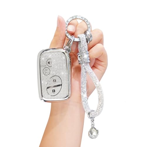 Key Fob Cover for Lexus with Diamond Bling Keychain, Compatible with IS250 IS350 LX570 GX460 GS430 GS300 GS450h RX350 RX450h CT200h, 4 Buttons Car Key Shell Case (White) by CaseCare - Used condition - US$10.21