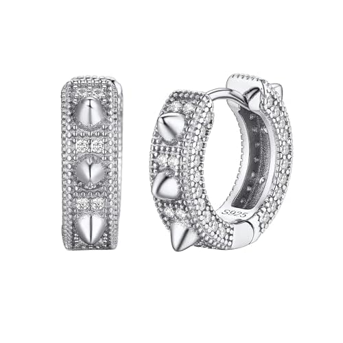 Mens Hoop Earrings Cubic Zirconia Huggie Cartilage Cuff Round/Spike/Skull Sterling Silver Earrings, Hypoallergenic, Come with Box 03 Skull-Black