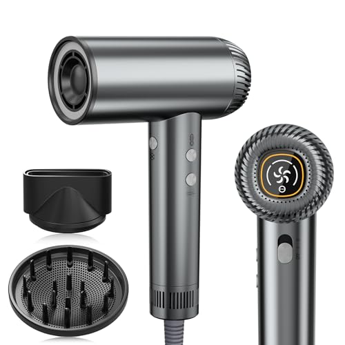 2025 high-speed hair dryer with diffuser, sleek gray design, featuring control buttons and attachments for versatile styling options.