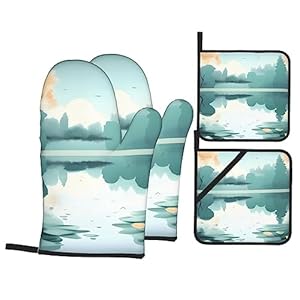 Gevallen Bladeren Op Een Rustige Lake Oven Mitt En Panhouder Set Hittebestendige 4-delige Set, Geschikt Voor Keuken Koken Bakken Grill Chef Gift