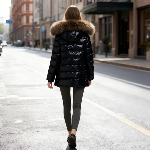 Winterjacke Damen Warm Daunenjacke Leichte Kapuzenjacke mit Abnehmbarer Kunstfell-Kragen Jacke Damen Winter Winddicht Steppjacke Glänzend Wintermantel Schwarz Daunenjacken Parka Outdoorjacke