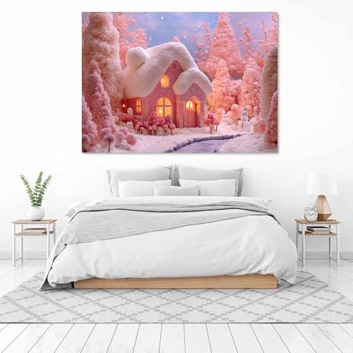 Tableau maison de neige rose cadeau idéal pour salon grand format
