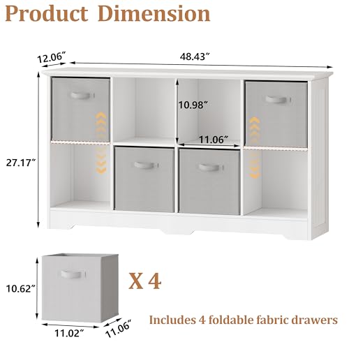 Image of 8 Cube Storage Organizer Shelf, Wood Cubby Storage with 4 Fabric Drawers, 2 Tier Wooden Bookshelf with 2 Adjustable Shelves & Fluted Side Panels for Bedroom, Living Room, Home Office, White
