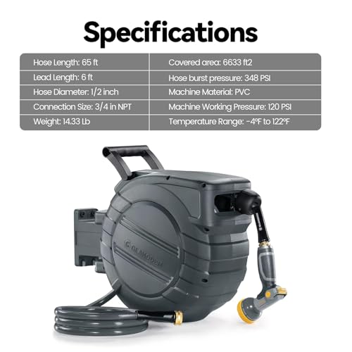 GLAHODEN Retractable Garden Hose Reel 1/2 in x 65 ft, 2025 Upgraded Dual Ratchet Lock UV & Freeze Protection Brass Seal Slow Retraction Anti-Tangle Hose 180&deg;Swivel Reinforced Scaffold Wall Mount