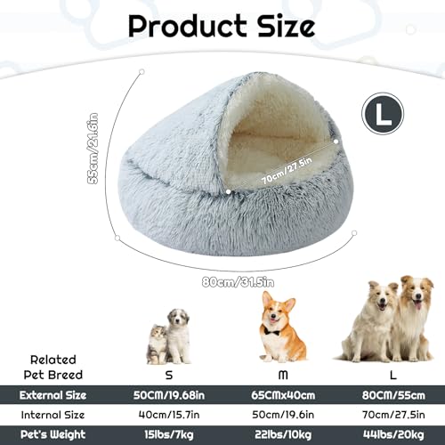 Large Medium 80cm Dog Bed - Upgraded Aluminum Rim Support & Removable Non Slip Bottom, Thermal Self-Warming Plush for Dogs under 20kg/44lbs - Dual Mode Cozy Blanket & Cave Design (Grey, 80CM) - Image 6