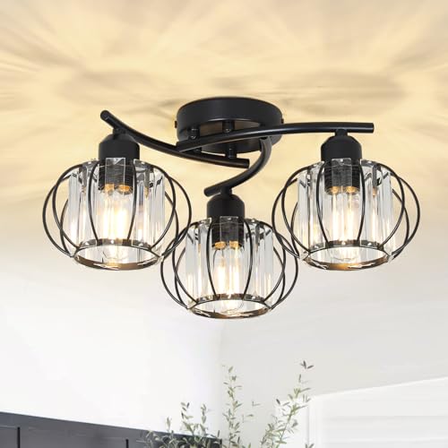 Stepeak Crystal Ceiling Lights Living Room, 3-Lights Crystal Chandeliers Ceiling Light, Modern Ceiling Lights with Glass Lampshades, Black Chandelier for Bedroom, Hallway Light Ceilings for Kitchen
