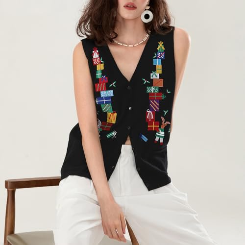 Image of Women Christmas Sweater Vests Santa Claus Print Sleeveless Knit Cardigan Vest Christmas Holiday Tank Top