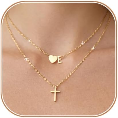 Cross Necklace, Layered Initial Necklaces for Women, Dainty 18K R...