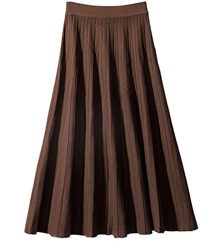 Chartou Women's Winter Reversible Stretchy Waist Knitted A Line Pleated Midi Skirt (Medium, Caramel) #TOP2