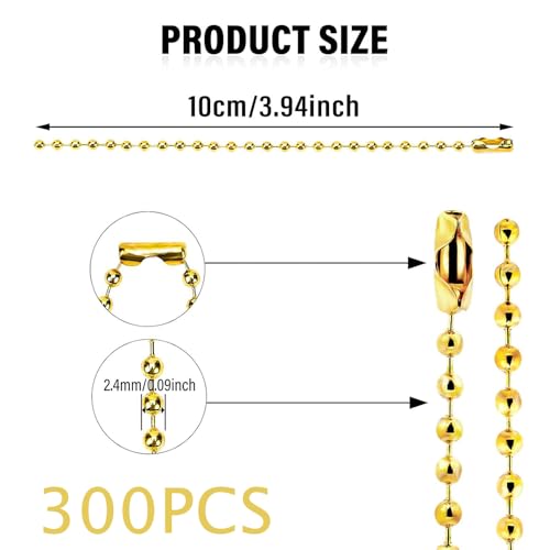 300 Pcs Gold Ball Chain Bulk,Metal Hanging Chains,Gold Nickel Plated Metal 10cm Long 2.4mm Ball Bead Chains,for Hanging Christmas Decoration,Keychain Chains,Hanging Jewellery,Making Badge Holders