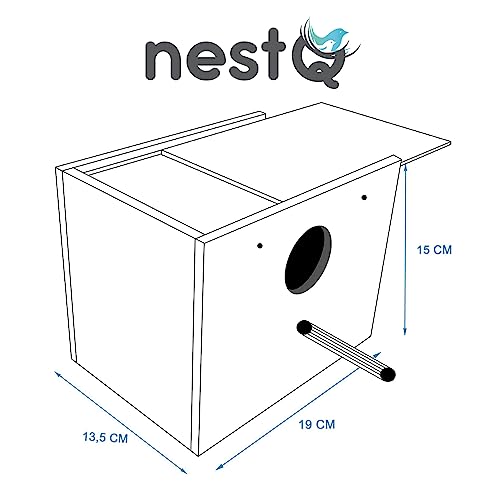 nestQ Nest für Wellensittiche mit Spänen für das Bett, Zuchthaus aus Holz für Vögel, mit Haken für Vogelkäfige, 19 cm x 15 cm x 13,5 cm