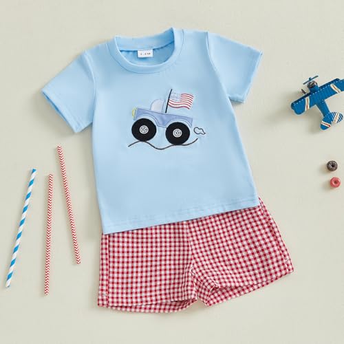 Image of 4th Of July Toddler Boy Outfit Popsicle American Flag T-Shirt and Gingham Plaid Shorts Set Independence Day Clothes